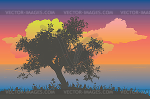 Tree silhouette at sunset - vector image