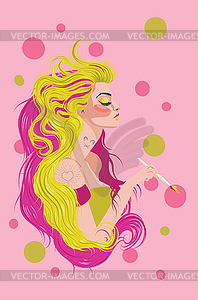 Girl with pink and yellow hair holding paintbrush - vector clipart