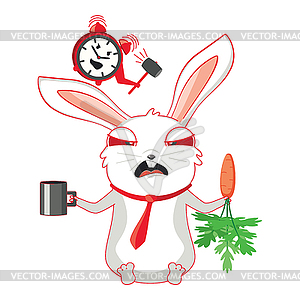 White bunny and alarm clock - color vector clipart