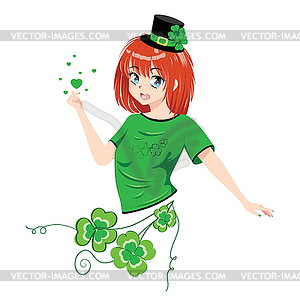 Anime girl in green shirt with shamrock - vector clipart