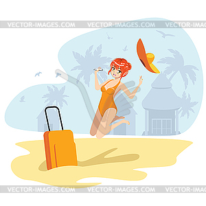 Anime girl in orange swimsuit on beach - vector image