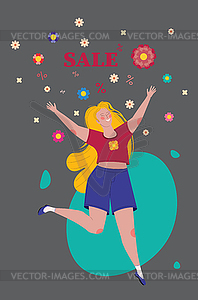 Girl jump with flowers and word sale - vector clip art