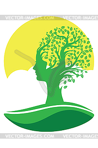 Green tree with female head silhouette - vector clipart