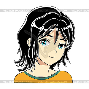 Anime girl with black hair and blue eyes - vector clipart