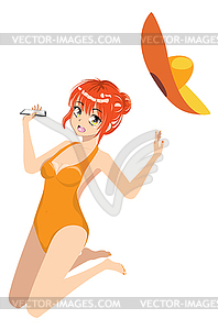 Anime girl in orange swimsuit - vector clipart
