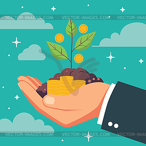 Businessman hand with sprout and soil - vector clipart