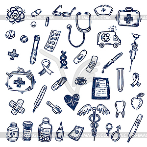 Healthcare and medicine doodle icons set - vector clipart