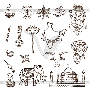 Индийские символы и достопримечательности каракули набор - векторное изображение клипарта