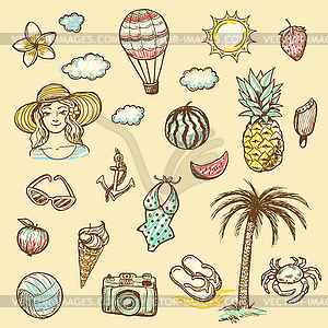 Set of summer vacation sign and symbol doodles - vector EPS clipart