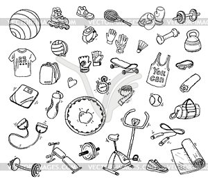 Set of fitness and sport sign and symbol doodles - vector image