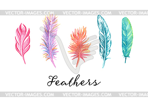 Красочные акварельные перья, установленные для вашего дизайна - рисунок в векторном формате