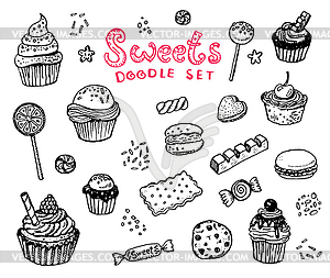 Sweets doodle elements set with candies, cupcakes, - vector image