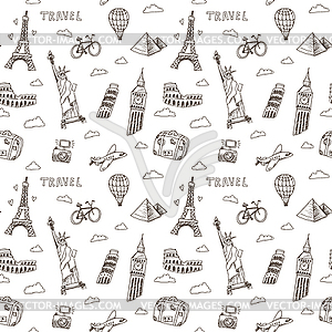 Doodles pattern with world famous landmarks - vector image