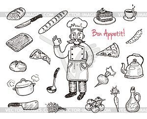 Doodle cooking set. Kitchen utensils and food - vector clipart