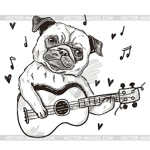 Mops Hund Spielt Gitarre Skizze Design Druck Vektor Klipart