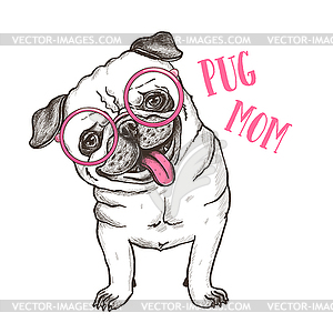 Happy fashionable pug. T shirt print design - vector clip art