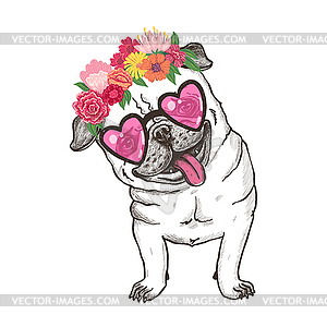 Happy smiley pug in glasses and flower wreath. T - color vector clipart