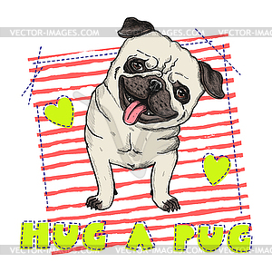 Happy fashionable pug. T shirt print design - vector image