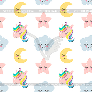 Cute seamless pattern with sleeping moon, cloud, - vector clip art