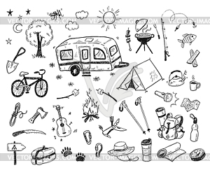 Doodle camping elements, icons set with bonfire, - vector clipart