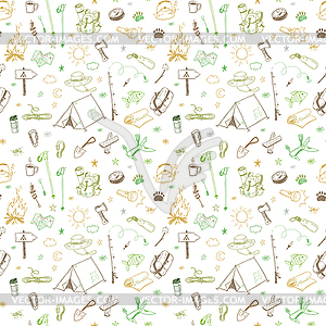 Doodle camping elements seamless pattern with - vector EPS clipart