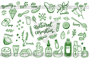 Natural cosmetic, spa and self care doodle design - vector image