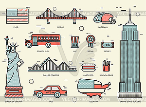 Country USA travel vacation guide of goods, places - royalty-free vector clipart