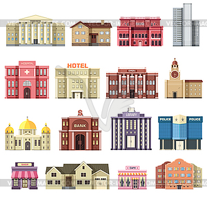 Плоские красочные городские здания установлен. Иконка фон - векторизованное изображение клипарта