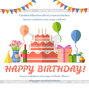Flat happy Birthday festive background with confett - vector image