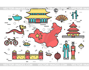 Country China travel vacation guide of goods, place - vector clipart