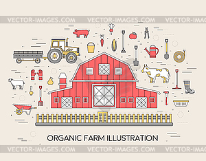 Organic farm in village set and tile in thin lines - vector image