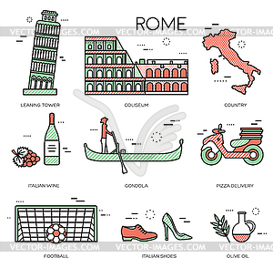 Country Italy trip guide of goods, places in thin - vector clip art