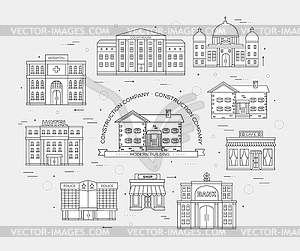 Thin lines colorful city buildings set. Icon - vector clipart