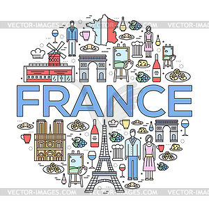 Страна Франция путешествие руководство товаров, мест в тонкий - векторизованный клипарт