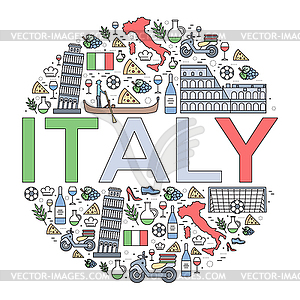 Country Italy travel vacation guide of goods, place - vector clip art