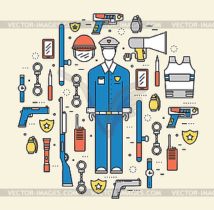 Police uniform and set protection staff equipment i - vector image