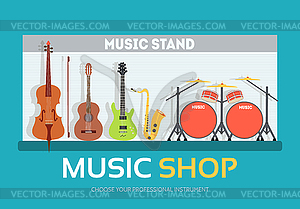 Music shop in flat design background concept. - vector image