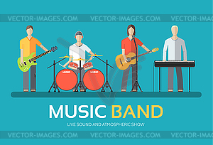Music band in flat design background concept. - vector image
