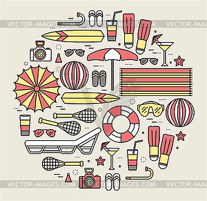 Summer vacation circle concept in thin lines style - vector clipart