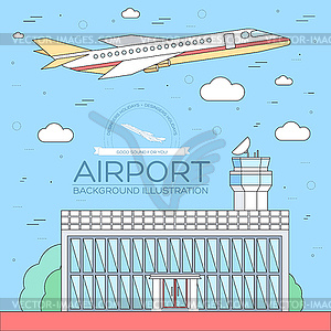 Flat building airport with flying plane tour concep - vector clip art