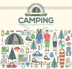 Camping equipment set circle infographics template - vector image