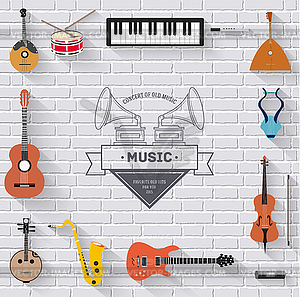 Music instruments modern brick wall concept. Icons - vector clipart