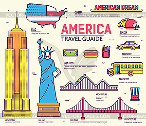 Country USA travel vacation guide of goods, places - vector clipart