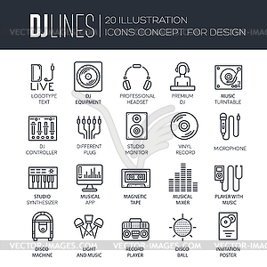 Thin lines icons of Dj staff and any equipment - vector clipart