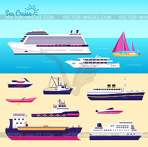 Набор плоской яхты, скутера, лодки, грузового судна, - векторный графический клипарт