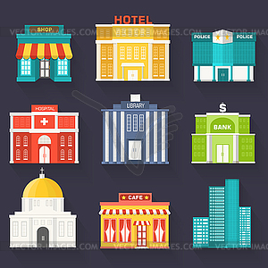 Плоские красочные Sity зданий, расположенных. Иконка фон - векторный рисунок