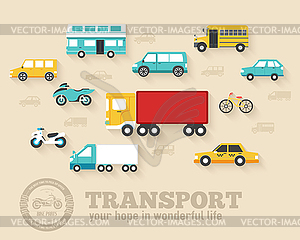 Flat cars concept set icon backgrounds design. - color vector clipart