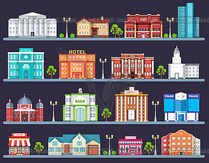 Flat colorful city buildings set. Icon background - vector image