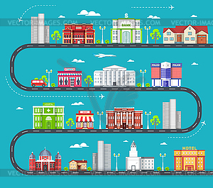 Flat colorful city buildings set. Icon background - vector clip art