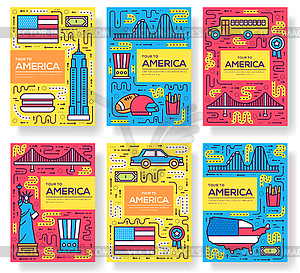 USA brochure cards thin line set. Country travel - vector clipart